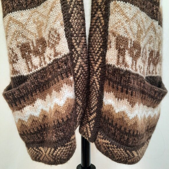 Alpaca Fina Long Sleeveless Cardigan Peruvian Sweater Vest Brown Beige Size M - Picture 3 of 10